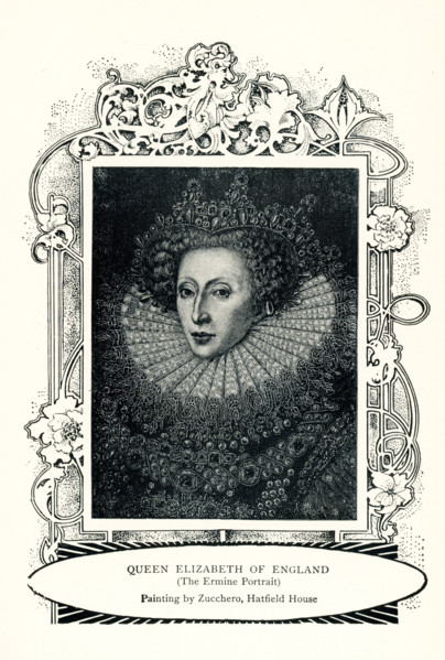 This 1899 illustration shows Queen Elizabeth I of England as painted by Zucchero as derived from