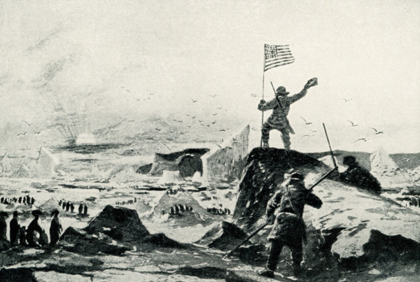 This 1899 image shows Captain Wilkes discovering the Antarctic continent.  From 1838 to 1842,