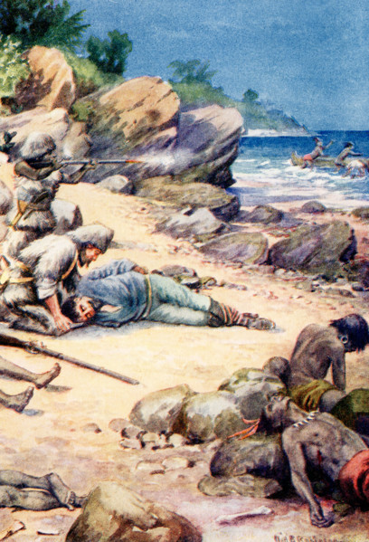 The 1917 caption reads: Robinson ran to the white prisoner and cut his bonds.” Robinson Crusoe is a