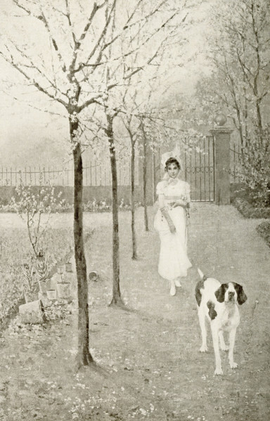 A lady and her dog walk along a pathway in springtime. The illsutration dates to 1917.