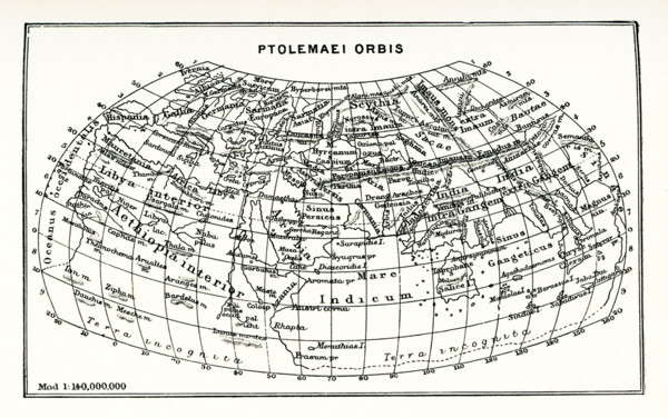 This map shows the world according to Ptolemy. The scale is 1 to 140,000,000. Ptolemy, an