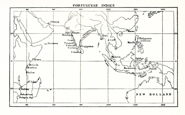 This map shows the Portuguese exploits in the Indies - the waters and lands around India during the