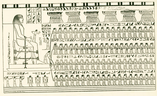The colossal statue of Prince Thothotpu being dragged by the corvee. Drawing by Faucher-Gaudin,