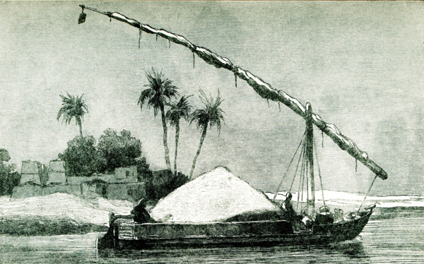 This 1903 illustration shows a typical Nile boat trasnporting a load of grain on the Nile River.