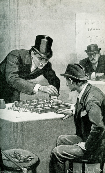 This 1895 illustration shows a scene from A Bid for Fortune by Guy Boothby, with caption: He half