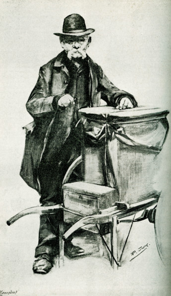 This 1895 illustration shows an old barrel-organ grinder. The organ grinder was a musical