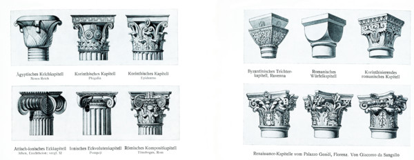 Column Capitals: LEFT (Top Row):  Egyptian Chalice Capitall from New Kingdom; Corinthian Capital