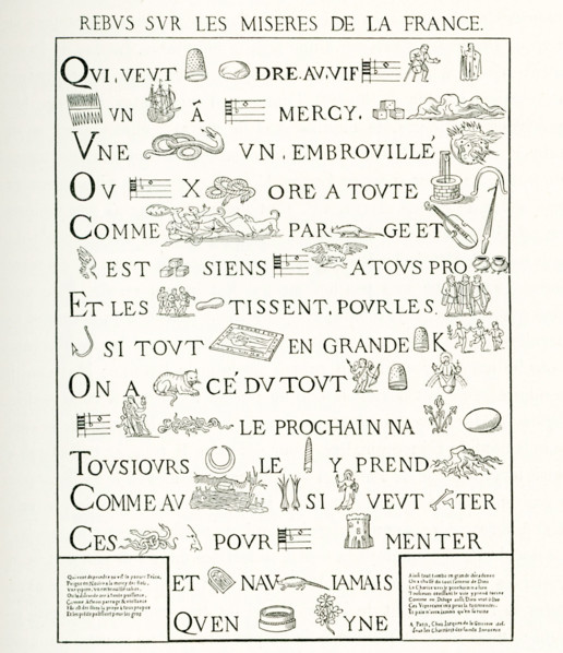 This French rebus (allusional device that uses pictures to represent words or parts of words) is