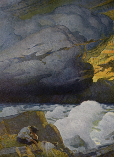 The caption for this image by NC Wyeth that accompanies the tale of Robinson Crusoe by Daniel Defoe