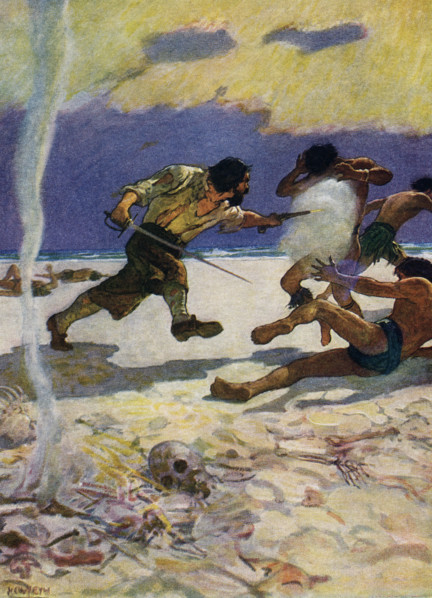 The caption for this image by NC Wyeth that accompanies the tale of Robinson Crusoe by Daniel Defoe