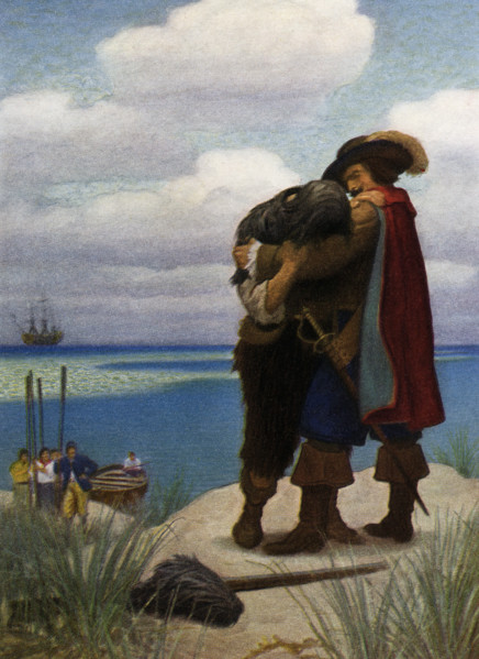 The caption for this image by NC Wyeth that accompanies the tale of Robinson Crusoe by Daniel Defoe