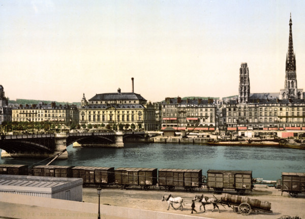 The Boieldieu Bridge in St. Sever, Normandy, France, Historical, digitally restored reproduction