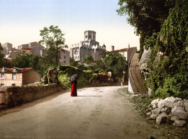 Church and old town, France, Historical, digitally restored reproduction from an original from the