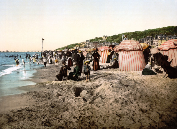 The beach during the bathing season, France, historical, digitally restored reproduction from an