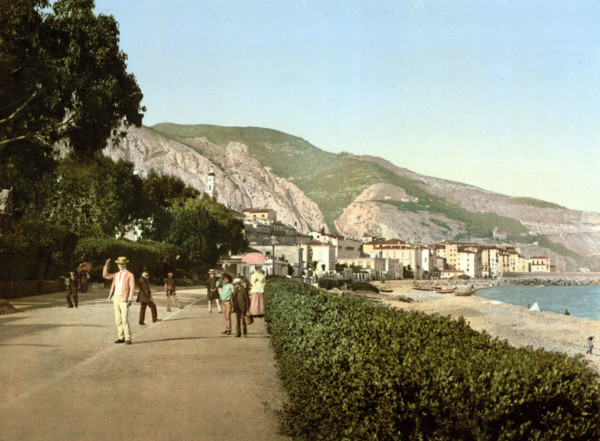 Midday stroll on the promenade, old town of Menton on the Riviera, France, around 1895, historical,
