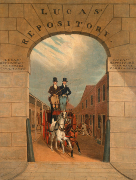 Training a couple to a carriage in Lucas's Yard, Clerkenwell. Date, 1818. , Historical, digitally