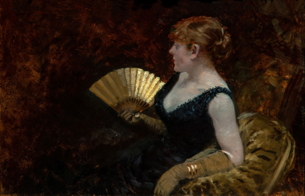 Giuseppe De Nittis 1846-1884 “Lady with fan” 1882, 26.7 x 41 cm oil on panel.
