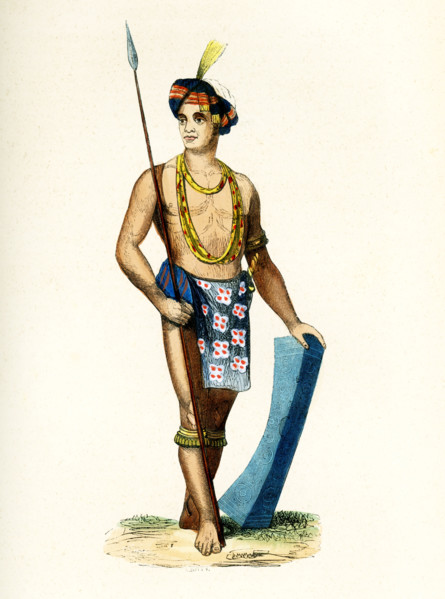 This 1840s illustration shows a man with his weapons from Tondano on Sulawesi, one of the islands