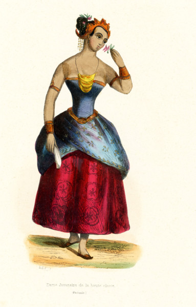 This 1840s illustration shows an upper class lady from Java. The Javanese people are an ethnic