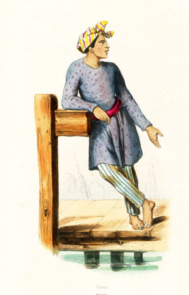 This 1840s illustration shows a Malaysian man. Malaysia is a Southeast Asian country occupying