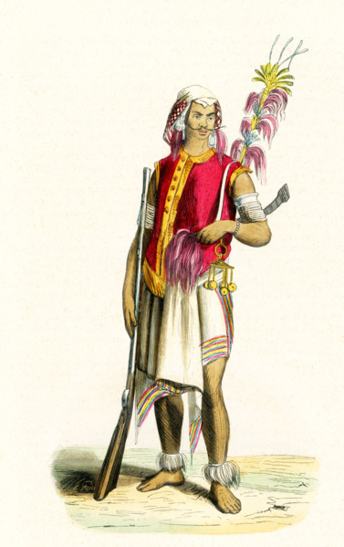 This 1840s illustration shows a warrior from Timor, from the territory known as the Amfoang
