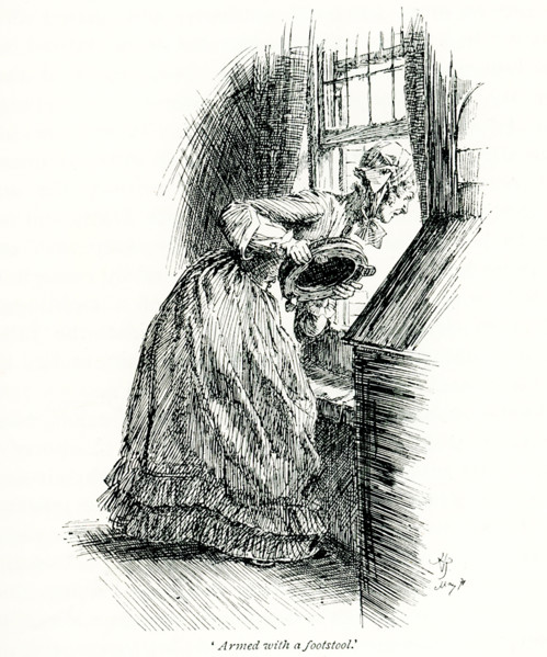 The 1891 caption reads: ""Armed herself with a footstool"" - spoken by Miss Matty. It is taken from