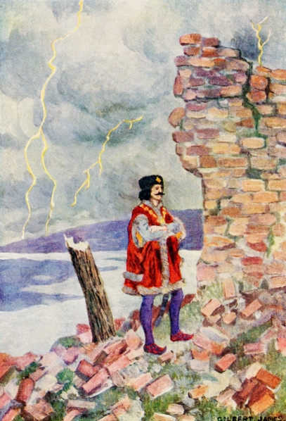 The caption for this illustration reads: When the castle collapsed, Maximus was hit by the falling