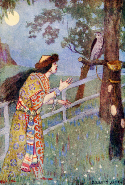 The caption for this illustration reads: Paul's gray falcon's neck turned. In Serbia mythology,