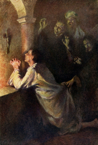 The caption for this illustration reads: The young man strove earnestly in prayer. Accoridng to the
