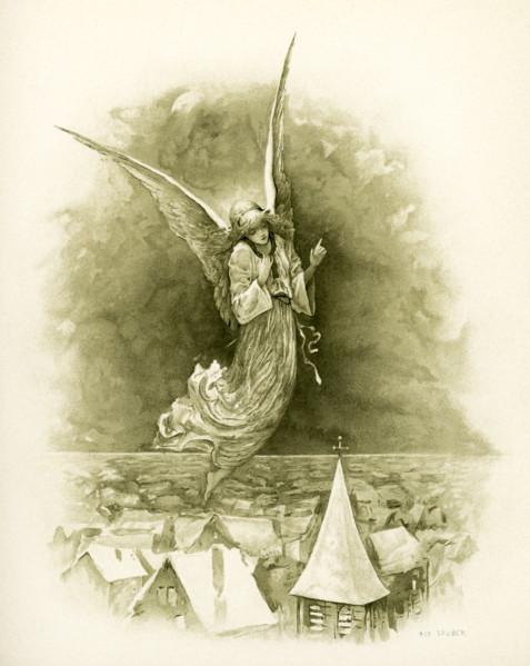 This illustration of an angel flying above a town with a church accompanied Phillips Brooks's Poems