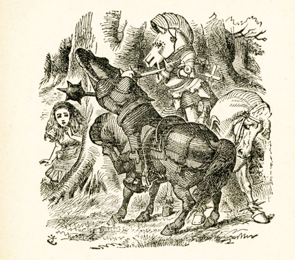 This illustration of Alice and the White Knight and the Red Knight is from ""Through the