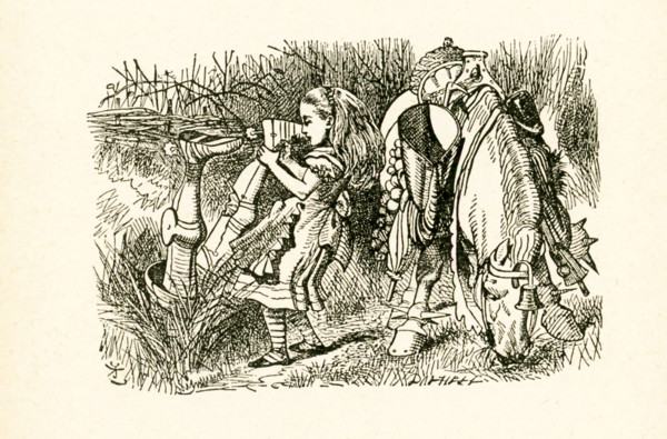 This illustration of Alice and the White Knight with his horse in ditch is from ""Through the