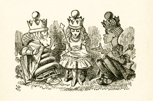 This illustration of Alice talking with the two queens, the White Queen and the Red Queen, is from