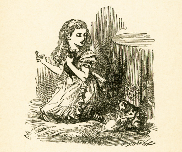 This illustration showing Alice back home and playing with kittens is from ""Through the