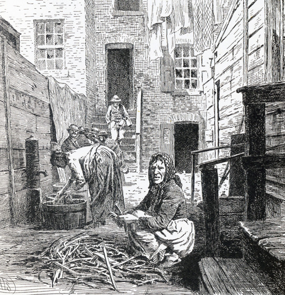 This illustration dates to 1899 and shows an everyday scene in a Tenement House alley in New York