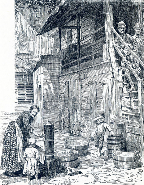 This late 19th-century illustration showsa tenement house backyard in the rear of Mulberry Street,