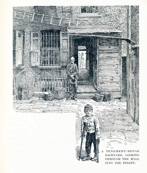 This late 19th-century illustration shows a typical tenement house backyard in New York City. It is