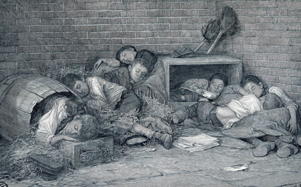 This late 19th-century illustration shows supperless and homeless street boys sleeping out at night