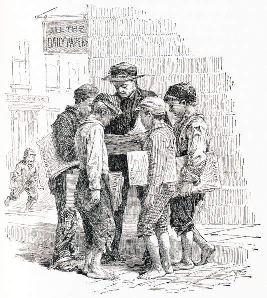 This late 19th-century illustration shows paperboys in New York City. The caption reads:""Getting