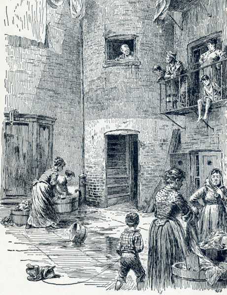 This late 19th-century illustration shows a typical tenement house backyard in New York City. It is