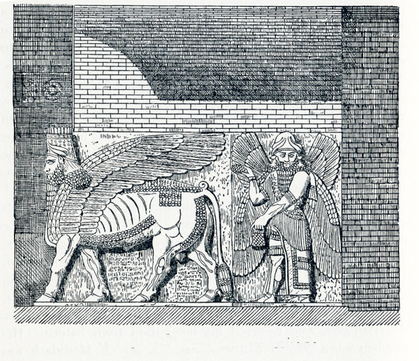This illustration dates to around 1898 and shows a scene from Assyrian mythology. At right is a