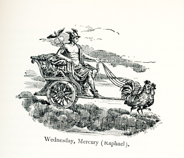 This illustration shows the Roman messenger Mercury in his chariot pulled by two roosters. It dates