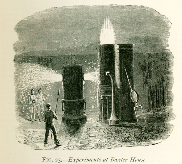 This illustration dates to the 1870s and shows experiments at Baxter House at producing steel. On