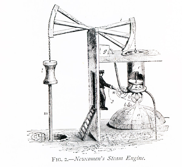 This 1870s illustration shows how Newcomen's Steam Engine worked. English inventor Thomas Newcomen