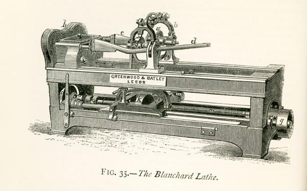 This illustration dates to the 1870s and represents a Blanchard's lathe, very elegantly constructed