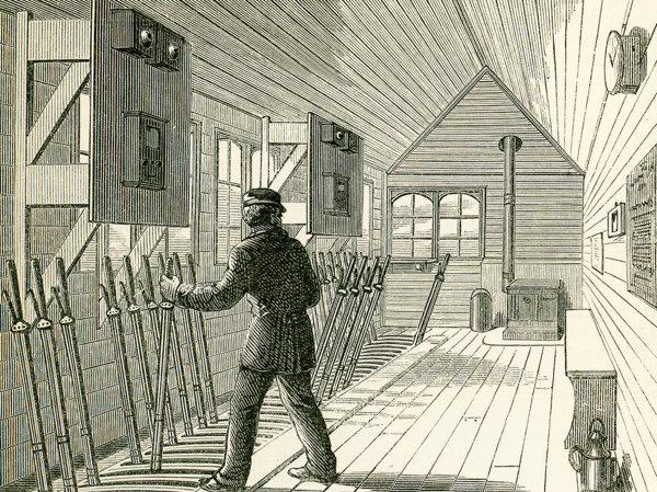 This illustration dates to the 1870s and shows the signal box on the North London Railway. The