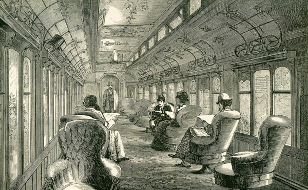 This illustration dates to the 1870s and shows the interior of a Pullman car on the Midland Railway