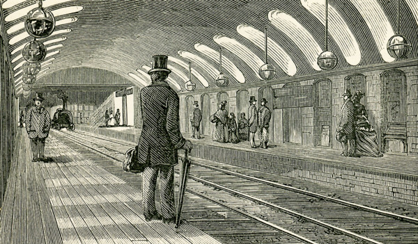 This illustration dates to the 1870s and shows the Gower Street Train Station in England in the