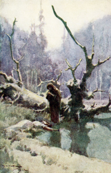 This illustration dates to the early 1900s and shows a witch and a lady in the woods. The scene is