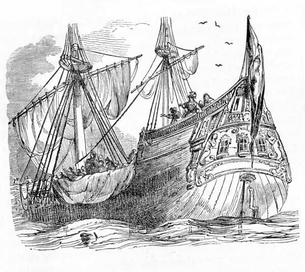 This illustrations dates to around 1846 and shows Columbus about to land in Hispaniola. In